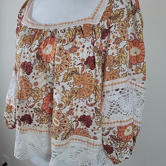 Rachel Zoe Top S Paisley Print Crochet Balloon Sleeve Cropped Linen Peasant - Picture 2 of 15